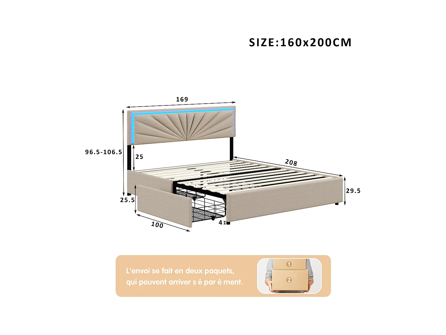 Letto con testiera LED, 4 cassetti contenitore, 160x200 cm – Design moderno beige