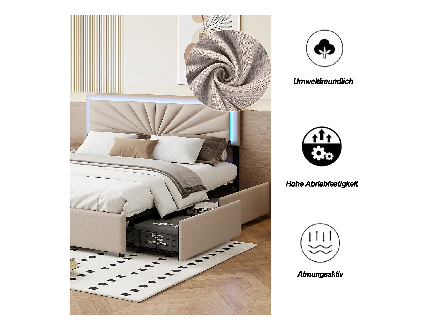 Letto con testiera LED, 4 cassetti contenitore, 160x200 cm – Design moderno beige