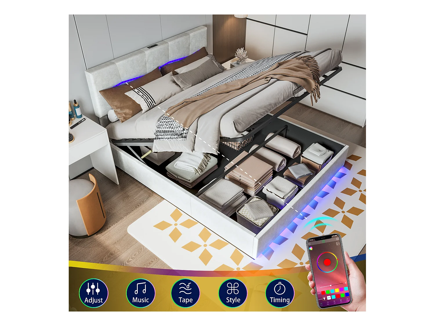 Stauraumbett 160 x 200 cm mit LED-Beleuchtung und USB-Aufladung - hydraulisch - Doppelbett - PU - Beige