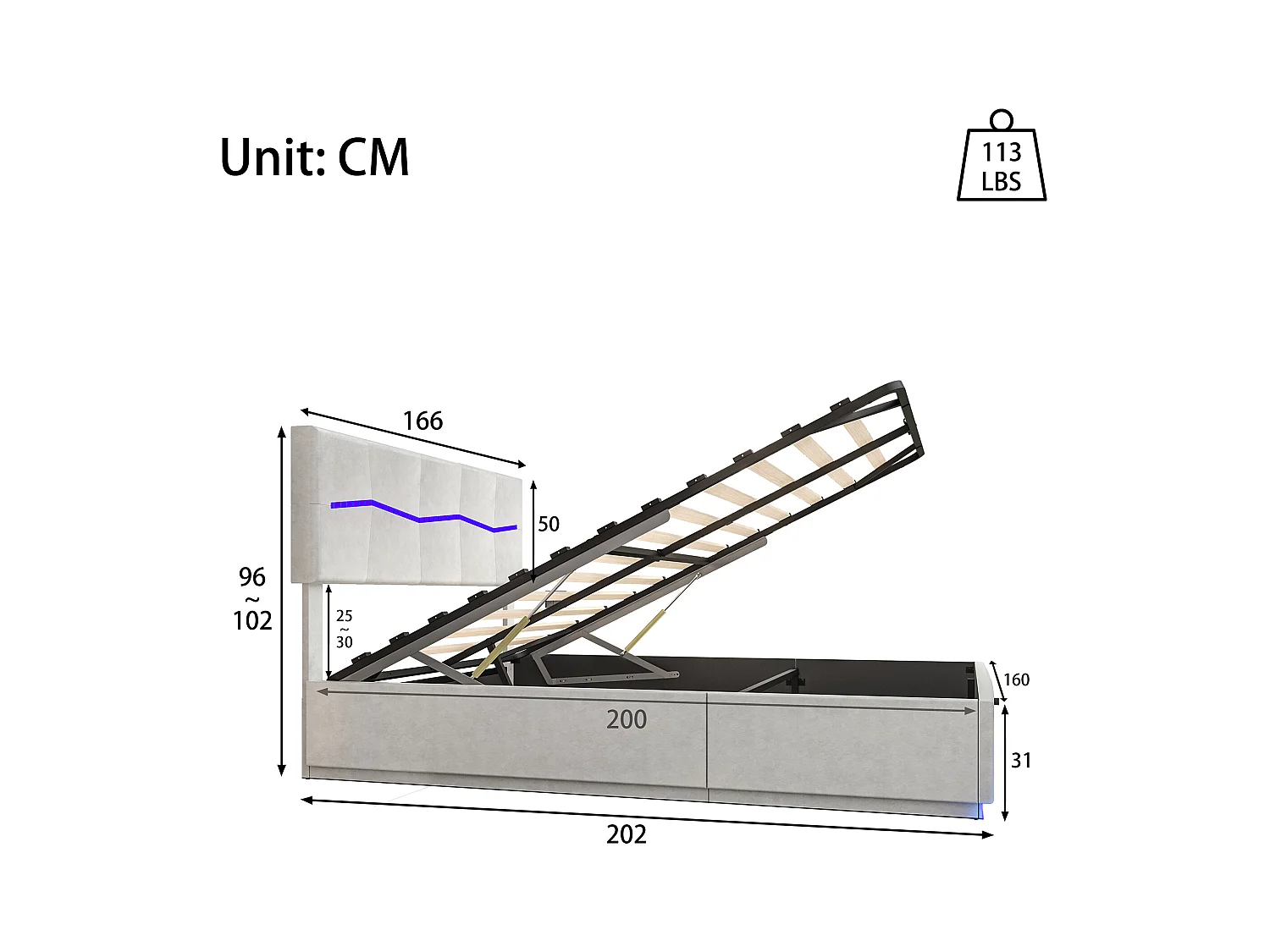 Stauraumbett 160 x 200 cm mit LED-Beleuchtung und USB-Aufladung - hydraulisch - Doppelbett - PU - Beige