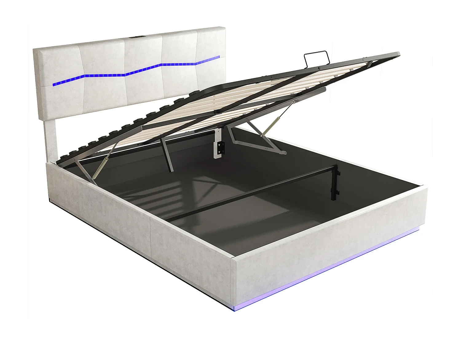 Lit coffre 160 x 200 cm avec éclairage LED et charge USB -  hydraulique - Lit 2 Personnes - PU - Beige
