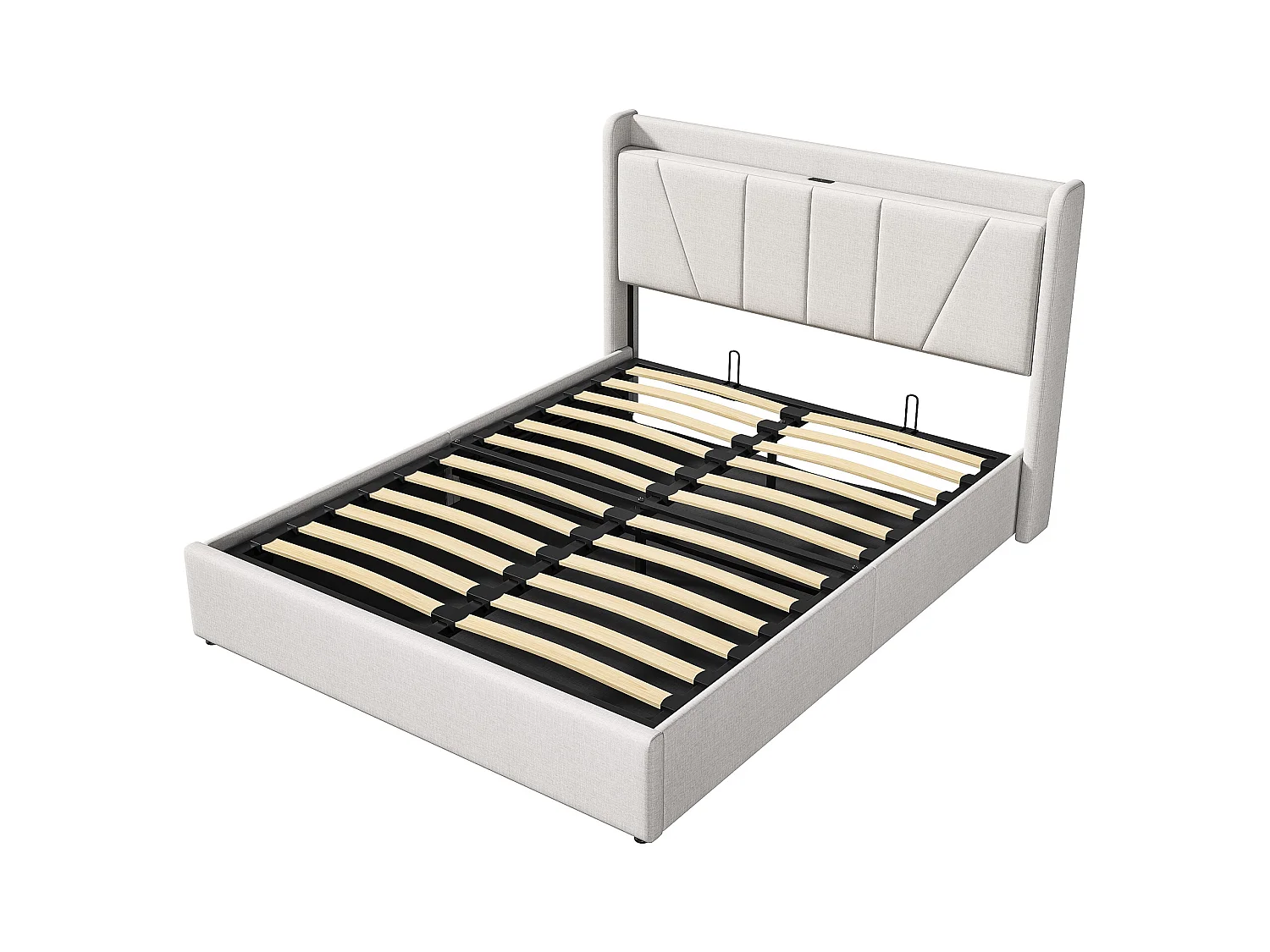 Lit coffre 160x200cm en tissu lin avec port USB - tête de lit et sommier à lattes - Beige