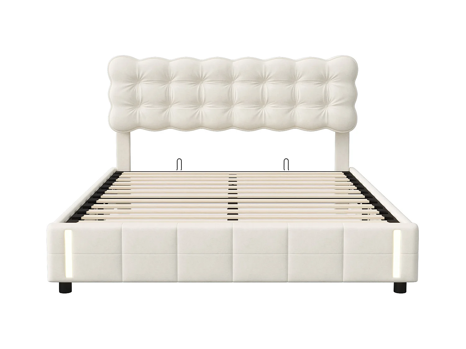 140 x 190 Bett mit Lattenrost, Doppelbett, gepolstert, mit hydraulischem Hebel, LED-Leuchten am Fußende, Samt, Beige