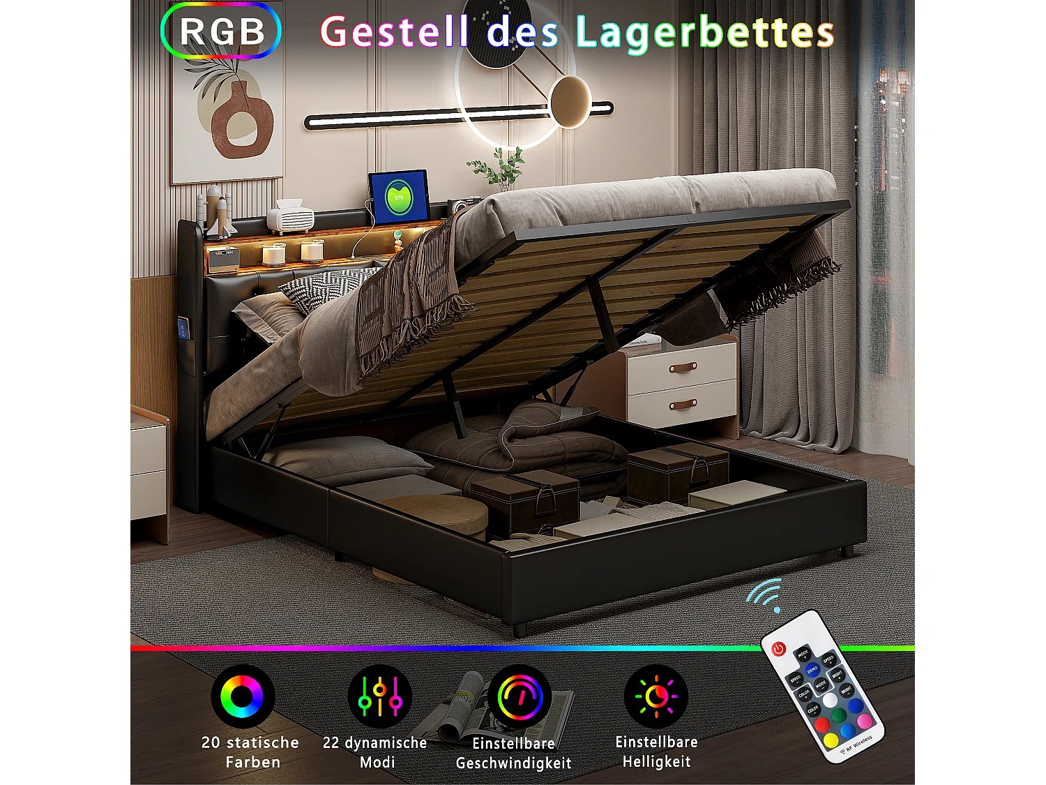 Lit coffre 180x200cm - lit double avec sommier à lattes et tête de lit LED avec étagères et port charge - cuir noir