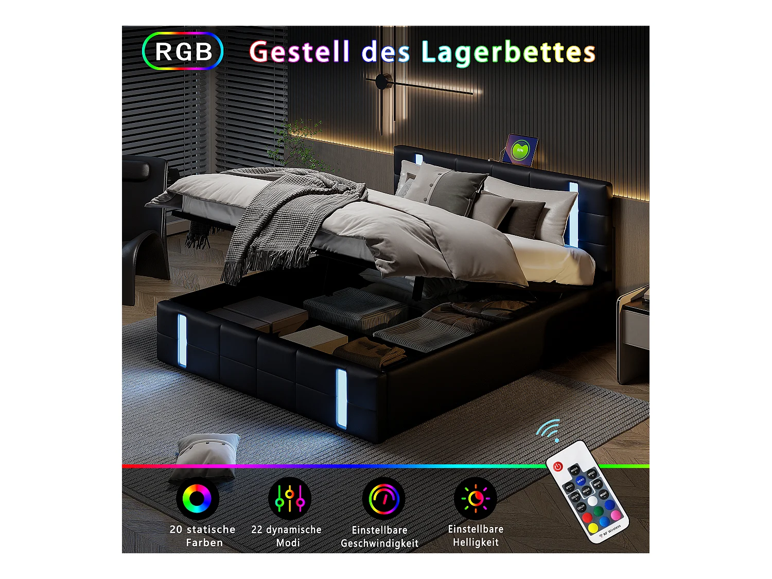 Erwachsenenbett 160×200cm mit LED-Lichtleiste, Bettkasten mit Stauraum, Rückenlehne, USB-Schnittstelle*2, Polsterbett, Jugendbett, schwarzes PU