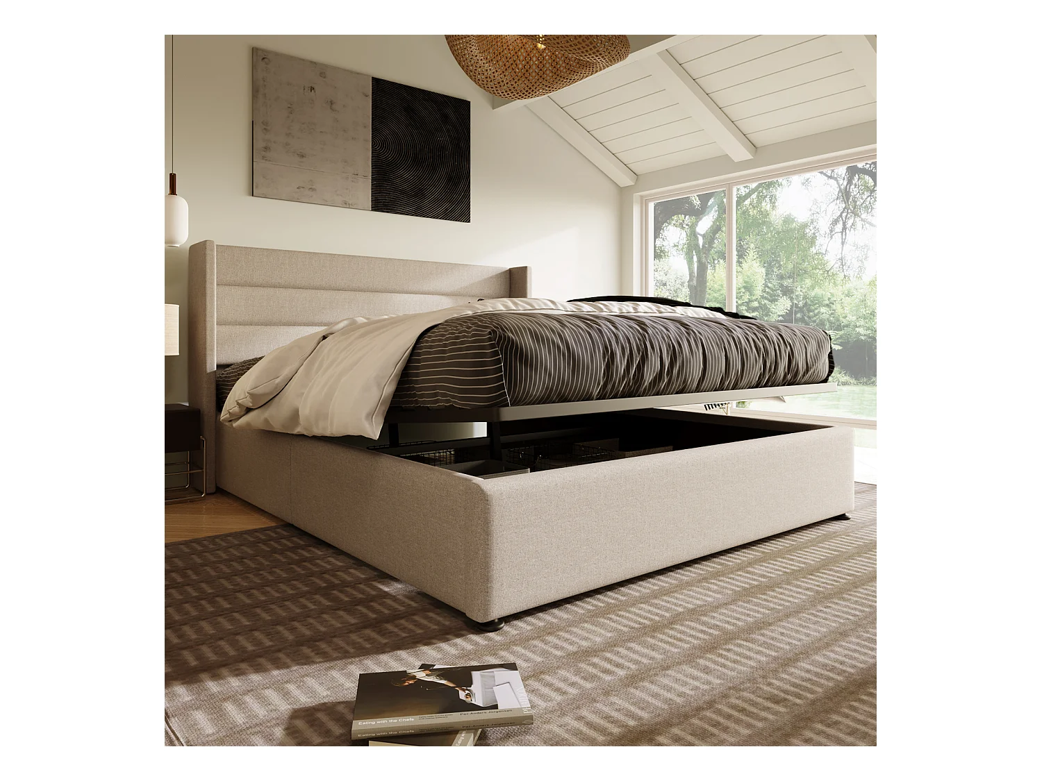 Lit coffre lit capitonné 160x200cm avec structure en métal sommier à lattes en bois, lin, beige