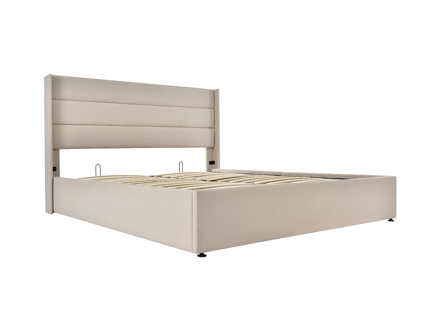 Lit coffre lit capitonné 160x200cm avec structure en métal sommier à lattes en bois, lin, beige