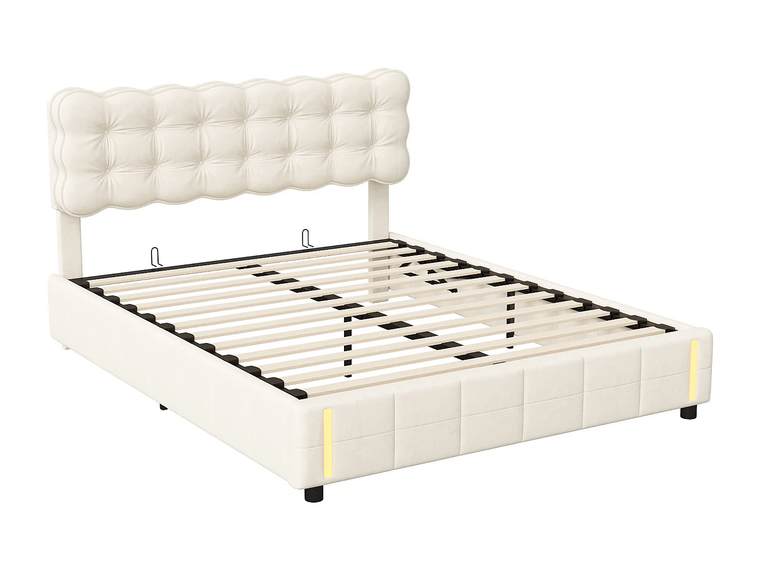 160 x 200 opbergbed, tweepersoonsbed met hydraulische hendel, LED-verlichting aan het voeteneinde, fluweel, beige