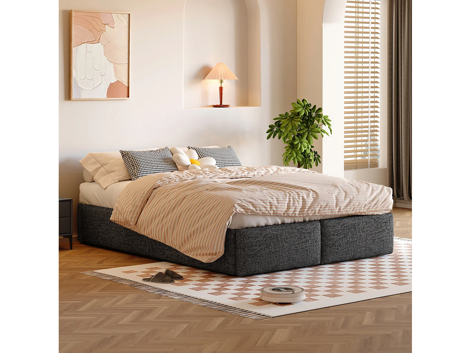 Lit coffre 160x200cm en tissu lin avec 2 tiroirs - sommier à lattes - sans tête de lit - Gris