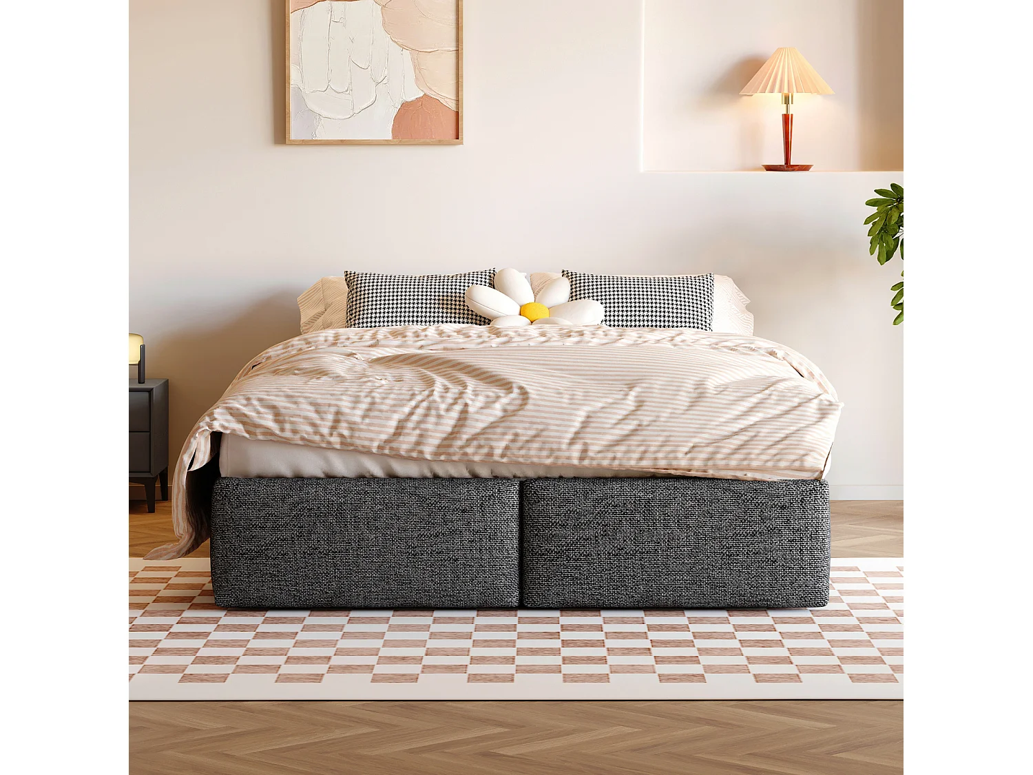 Lit coffre 160x200cm en tissu lin avec 2 tiroirs - sommier à lattes - sans tête de lit - Gris