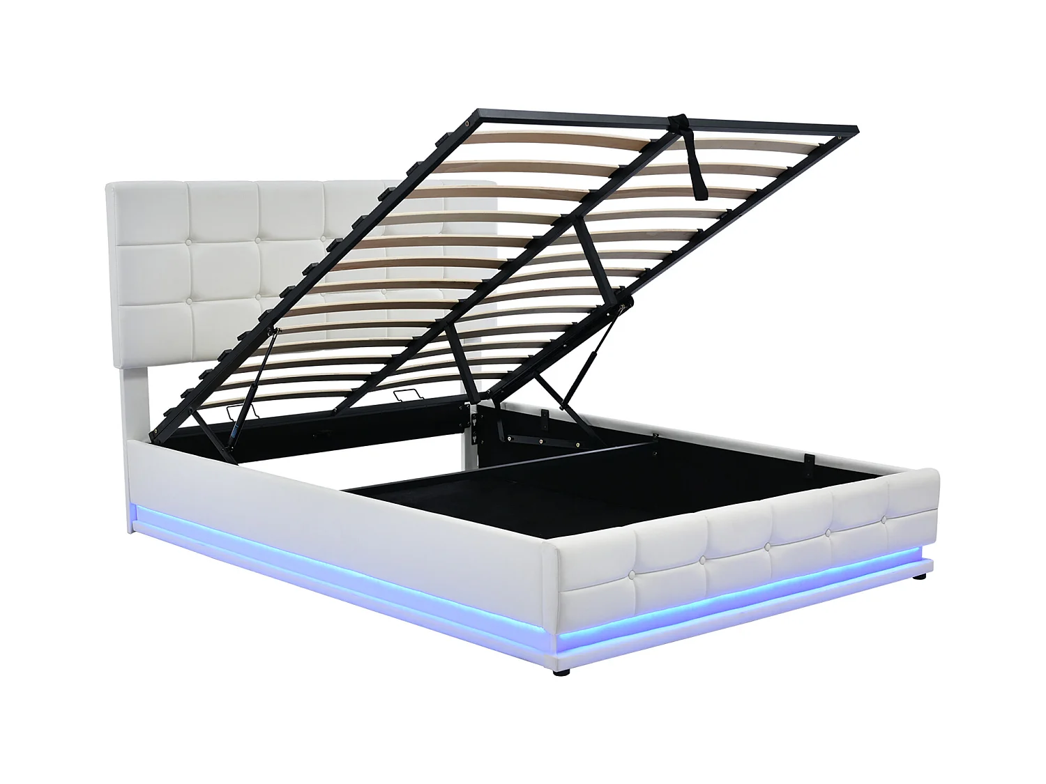 lit coffre 140x200,lit double,lit capitonné avec éclairage LED et sommier,Conception à grain droit,PU,Blanc