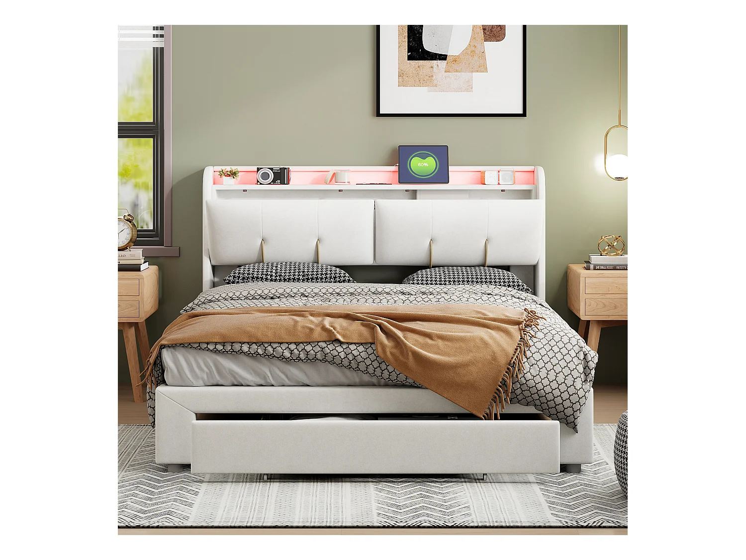 160x200 Stauraumbett, gepolstertes Doppelbett, Kopfteil mit verstecktem Stauraum, Samt, weiß