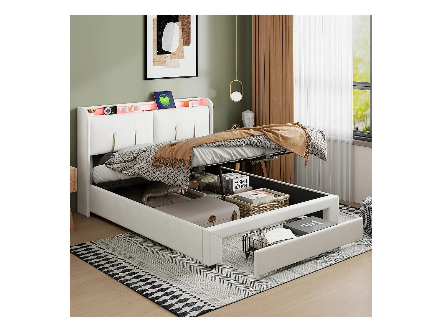 160x200 Stauraumbett, gepolstertes Doppelbett, Kopfteil mit verstecktem Stauraum, Samt, weiß