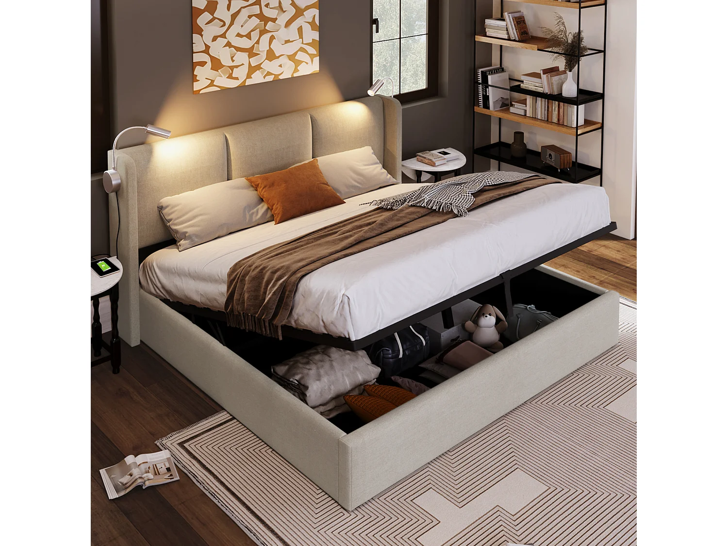 Lit hydraulique avec lampe de lecture - 160x200 cm - charge USB et grand rangement - Lin - Beige