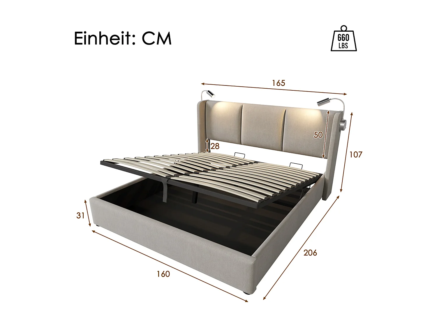 Lit hydraulique avec lampe de lecture - 160x200 cm - charge USB et grand rangement - Lin - Beige
