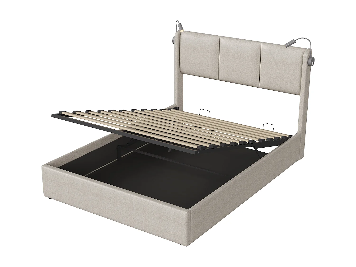 Lit hydraulique avec lampe de lecture - 160x200 cm - charge USB et grand rangement - Lin - Beige