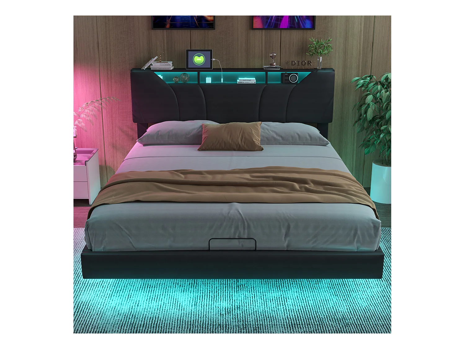 Gepolstertes Doppelbett 160x200cm - mit USB und LED-Licht - Bettrahmen mit Stauraum-Kopfteil und Aufbewahrungsbox fürs Bett, in PU - Grau