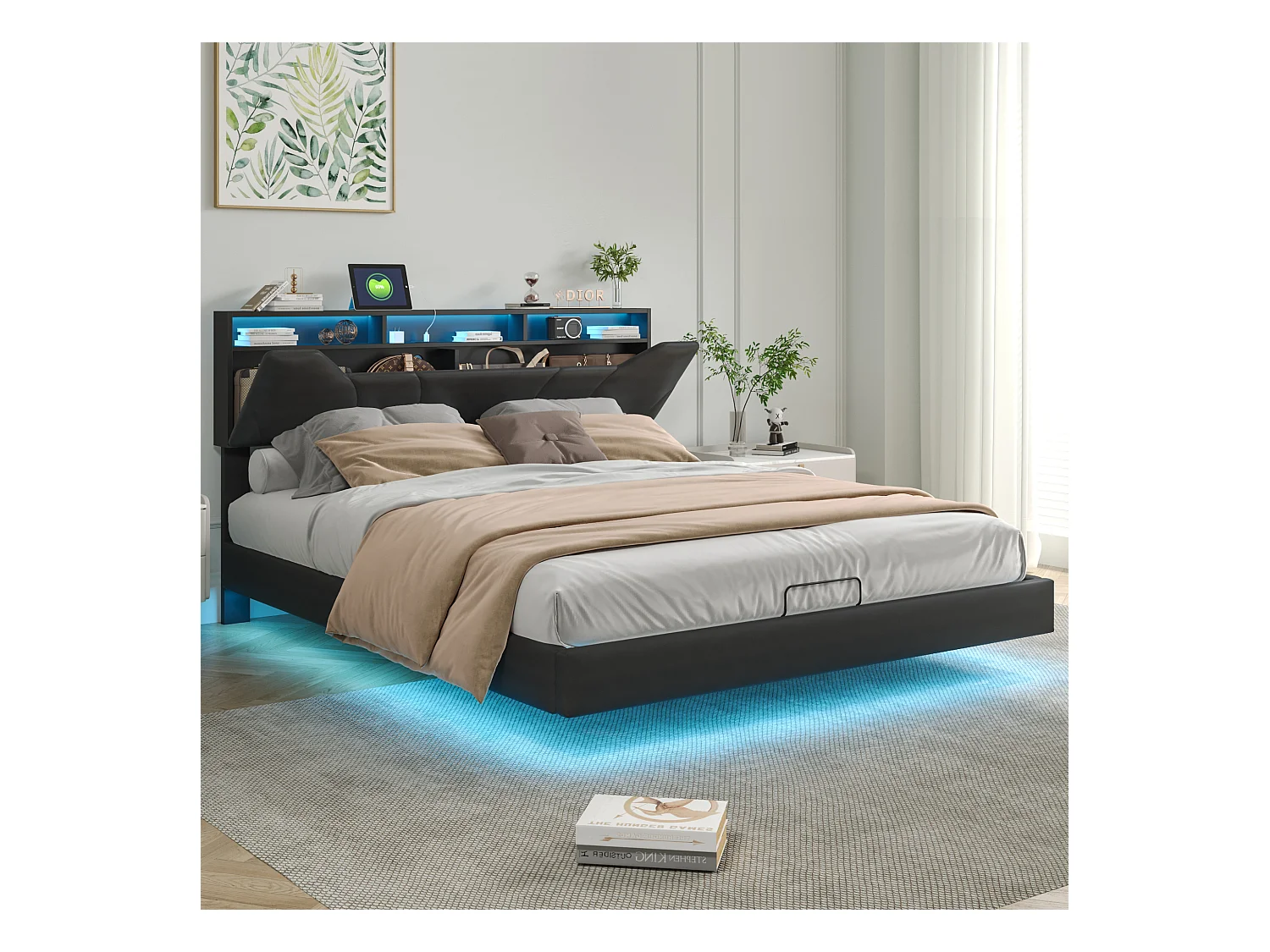 Cama doble tapizada de 160 x 200 cm - con USB y luz LED - Estructura de cama con cabecero y caja de almacenamiento para cama, en PU - Gris