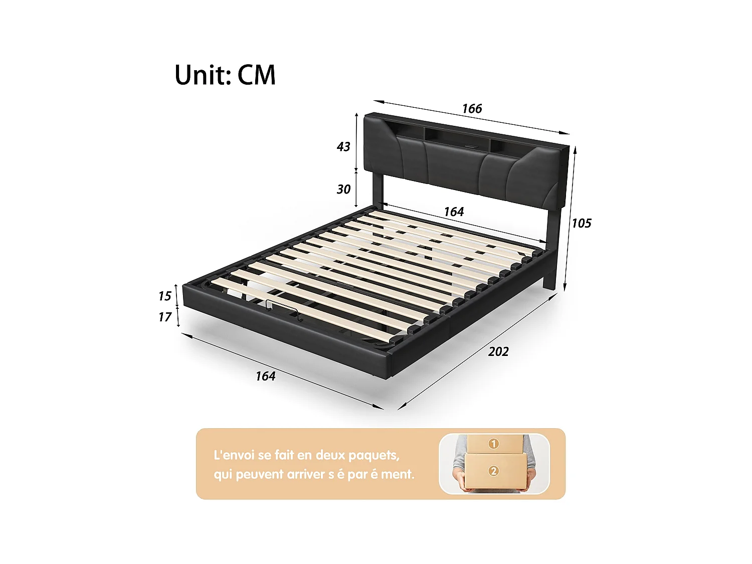 Cama doble tapizada de 160 x 200 cm - con USB y luz LED - Estructura de cama con cabecero y caja de almacenamiento para cama, en PU - Gris