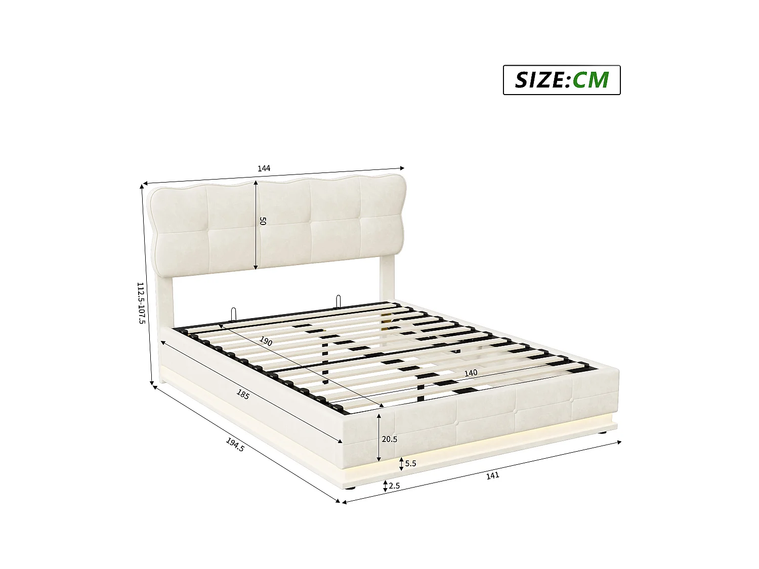 Cama abatible de 140x190 cm con espacio de almacenaje, tejido de terciopelo, estructura de cama con cabecero, iluminación LED,cama hidráulica multifunción