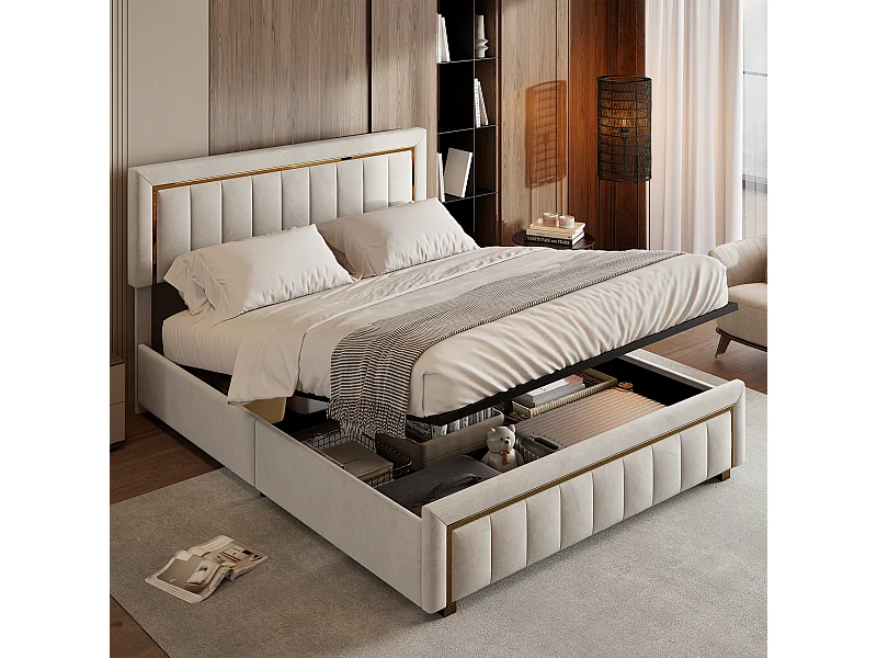 160x200cm Samtbett mit Stauraum - Funktionsbett mit Stauraum - Doppelbett - Lattenrost und hydraulischer Stauraumbox - Beige