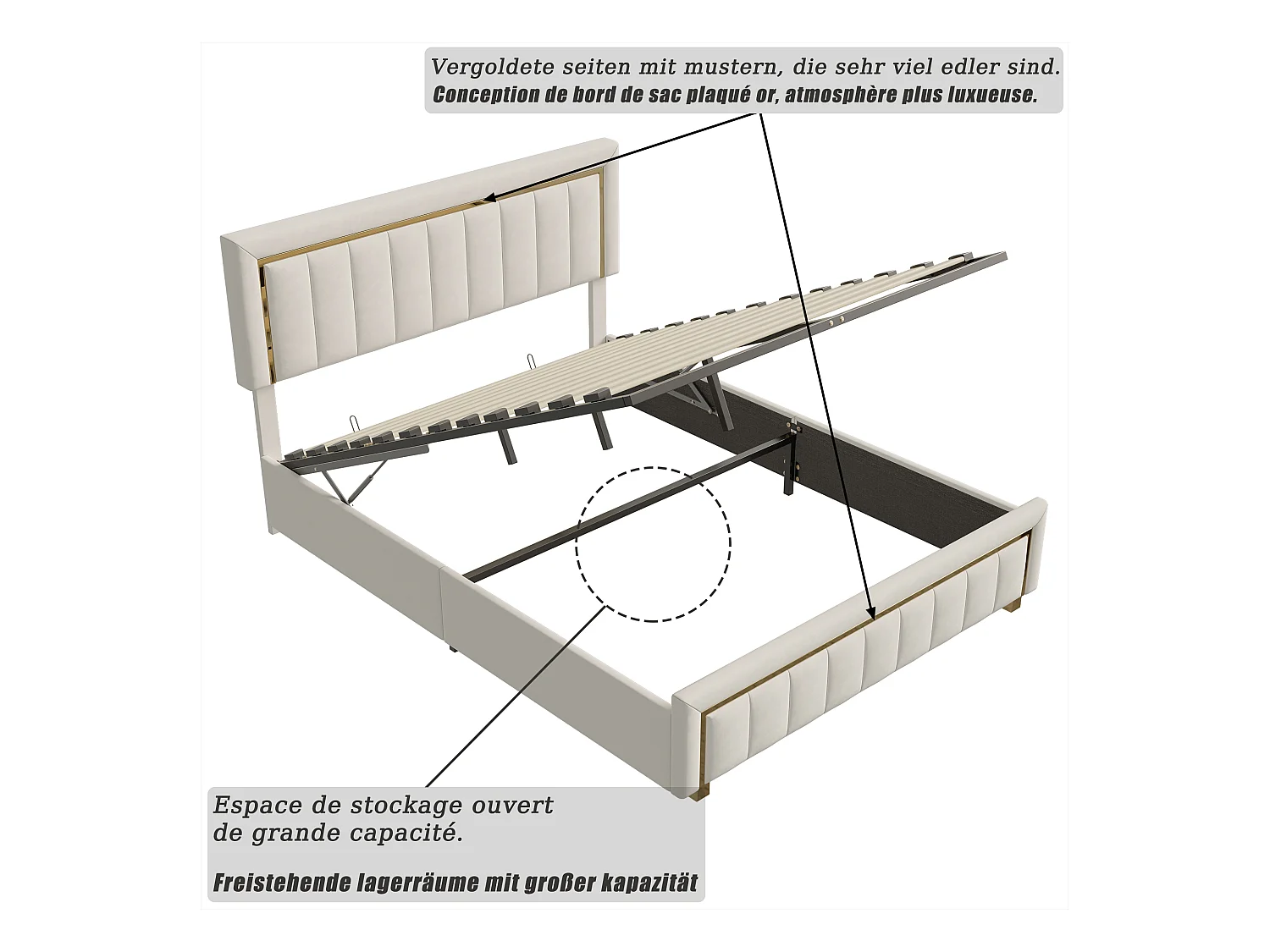 160x200cm Samtbett mit Stauraum - Funktionsbett mit Stauraum - Doppelbett - Lattenrost und hydraulischer Stauraumbox - Beige
