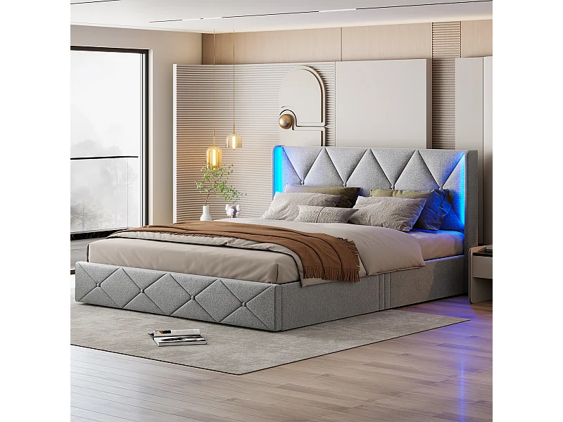 Cama de 140 x 200 cm con almacenamiento y LED, tapizada en terciopelo, cama doble con almacenamiento, estructura de cama tapizada para adultos, color gris