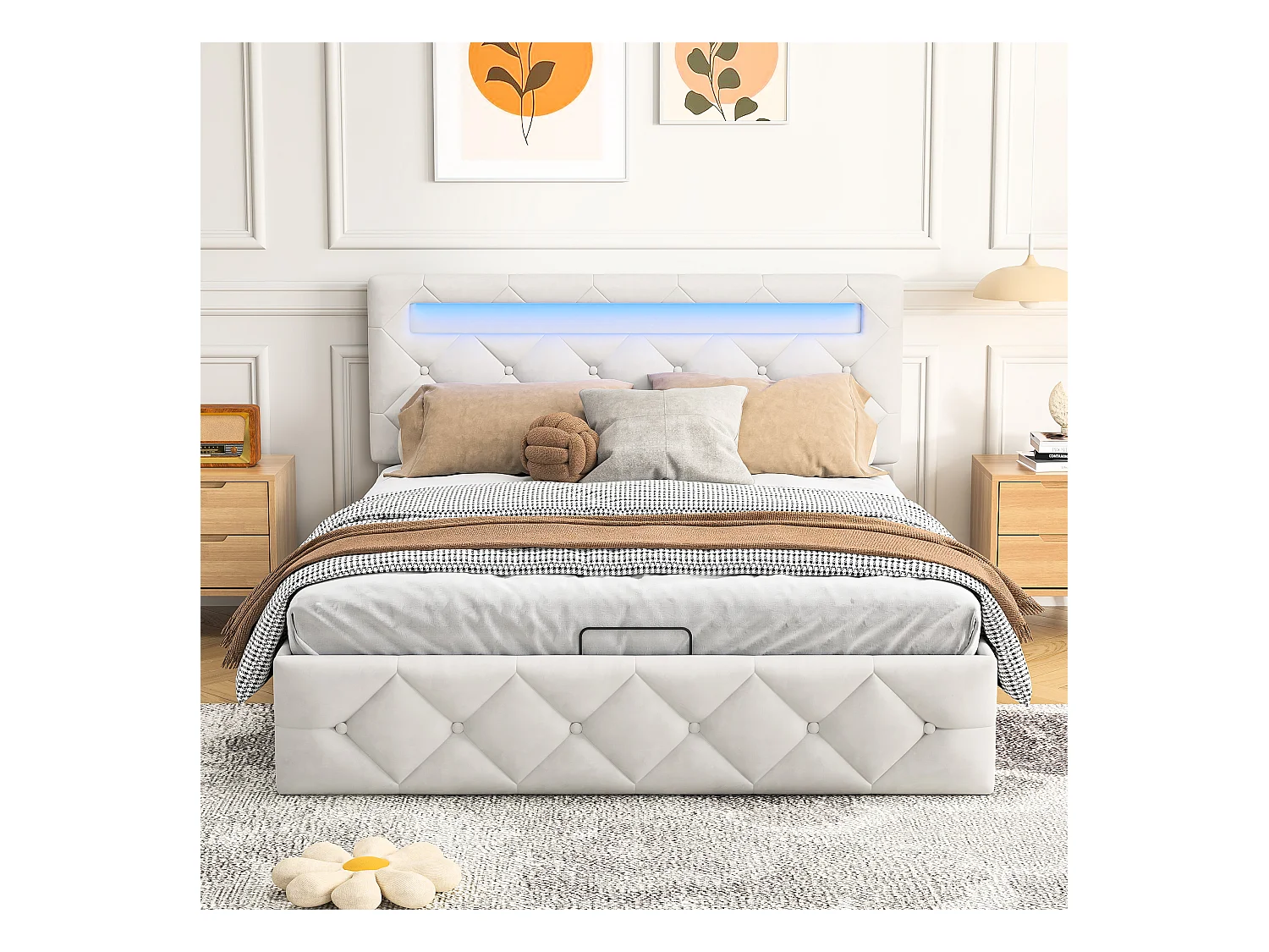 Lit 140x200cm avec LED - Sommier à Lattes - Grand Rangement - Tête de Lit Réglable - Beige