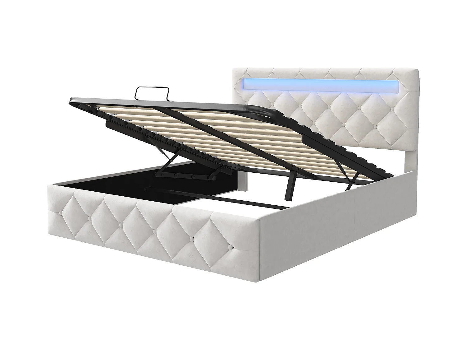 Lit 140x200cm avec LED - Sommier à Lattes - Grand Rangement - Tête de Lit Réglable - Beige