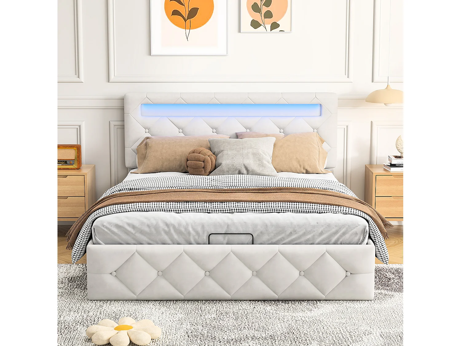 140x200cm Seng med LED - Lamelbund - Stor Opbevaring - Justerbar Hovedgærde - Beige