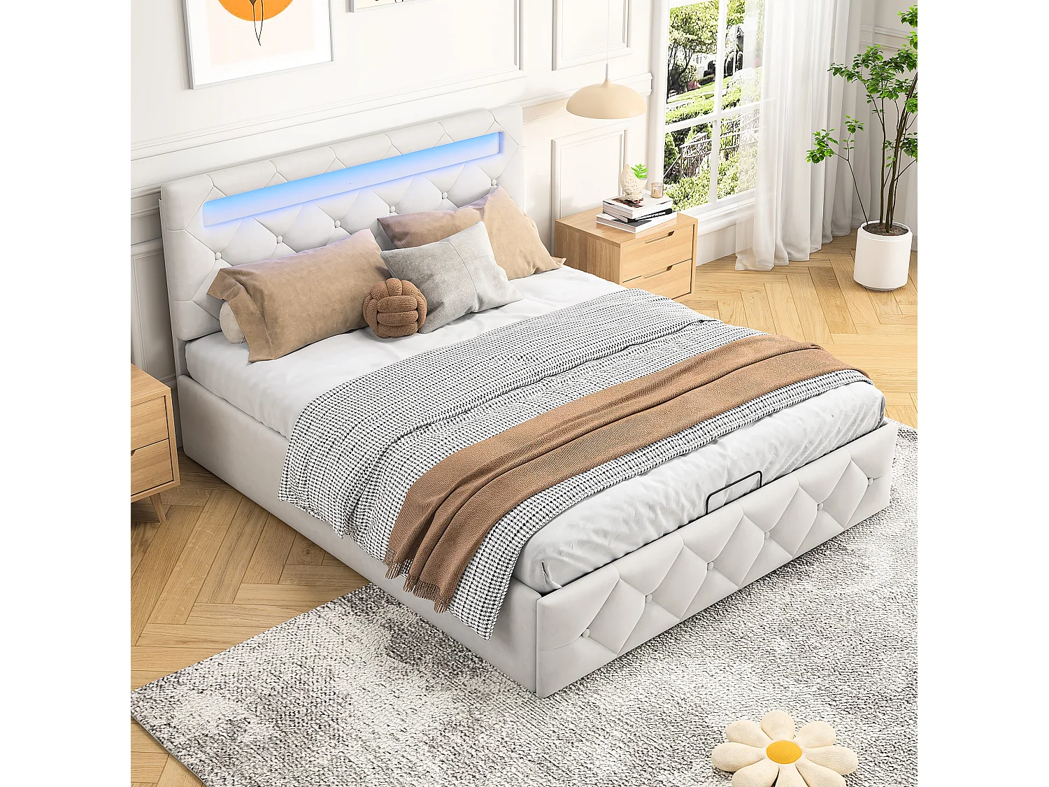140x200cm Seng med LED - Lamelbund - Stor Opbevaring - Justerbar Hovedgærde - Beige