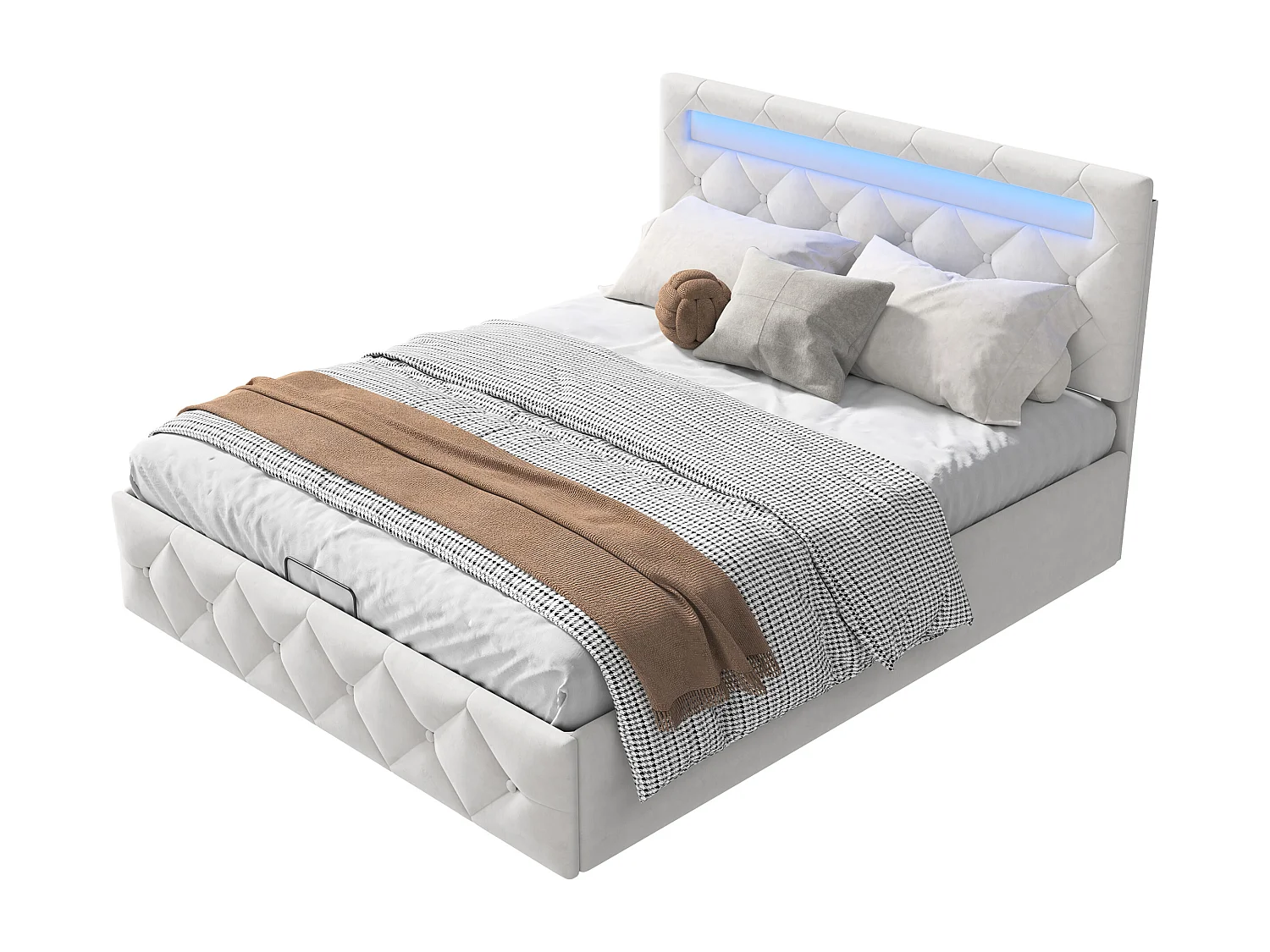 140x200cm Seng med LED - Lamelbund - Stor Opbevaring - Justerbar Hovedgærde - Beige