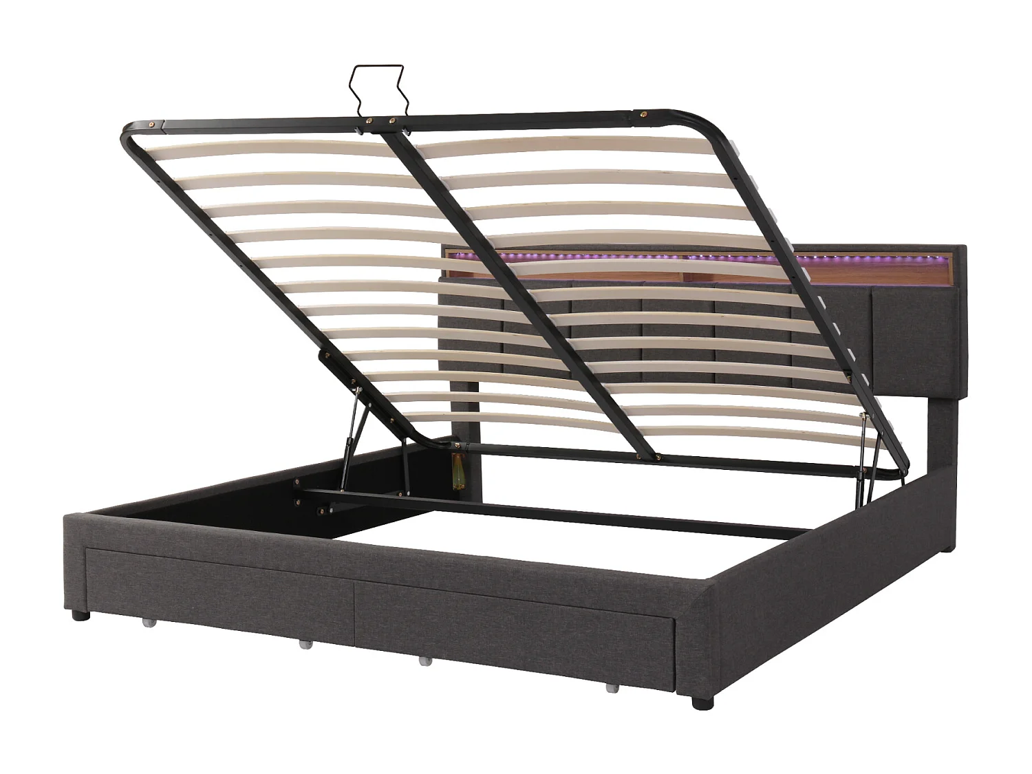 Gestoffeerd bed 180 x 200 met 2 lades, LED-verlichting, hydraulische hendel, linnen, grijs