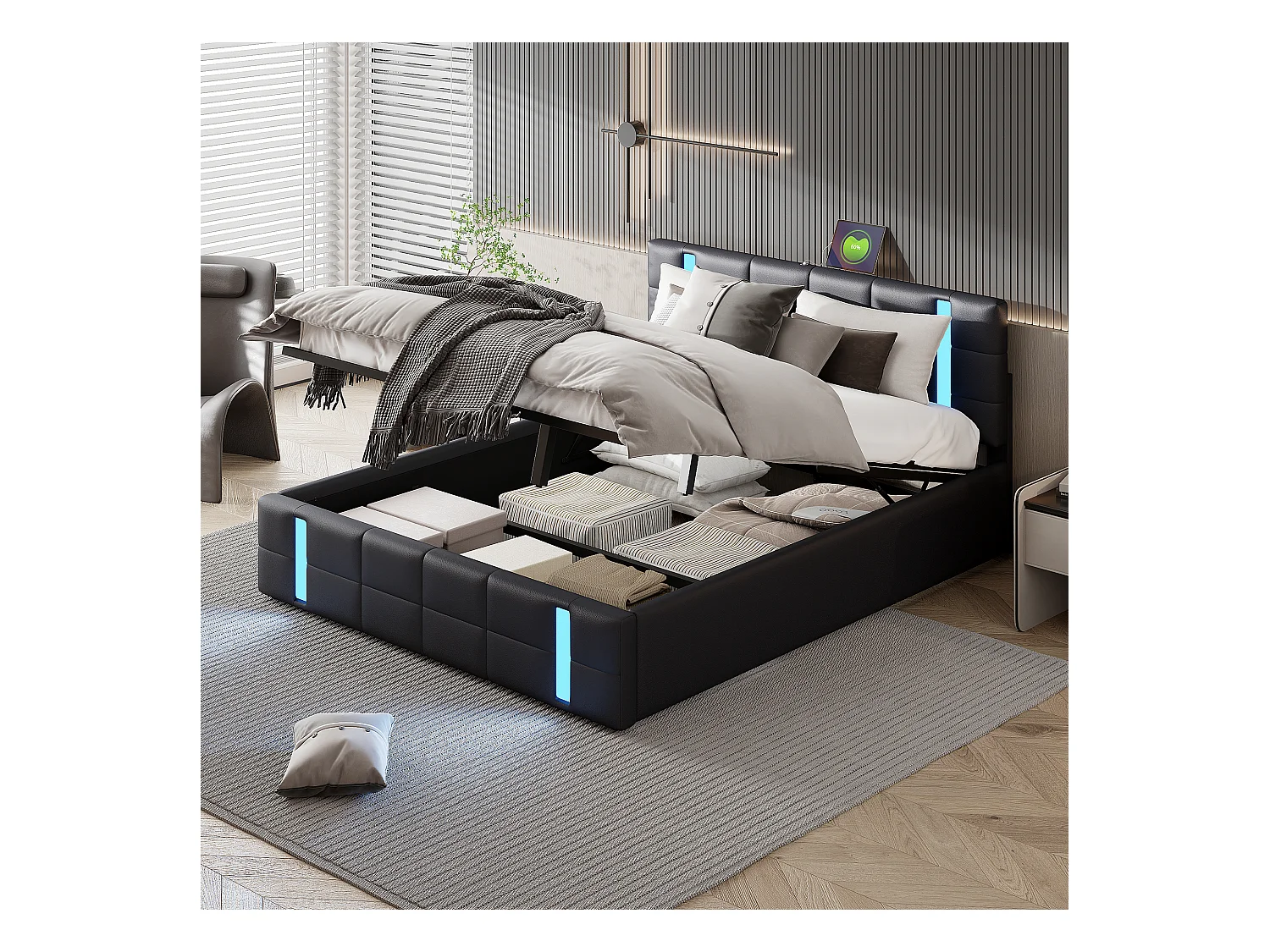 Lit adulte 140×200cm avec bande lumineuse LED, coffre de lit rangement, dossier, interface USB*2, lit capitonné, lit ado, PU noir