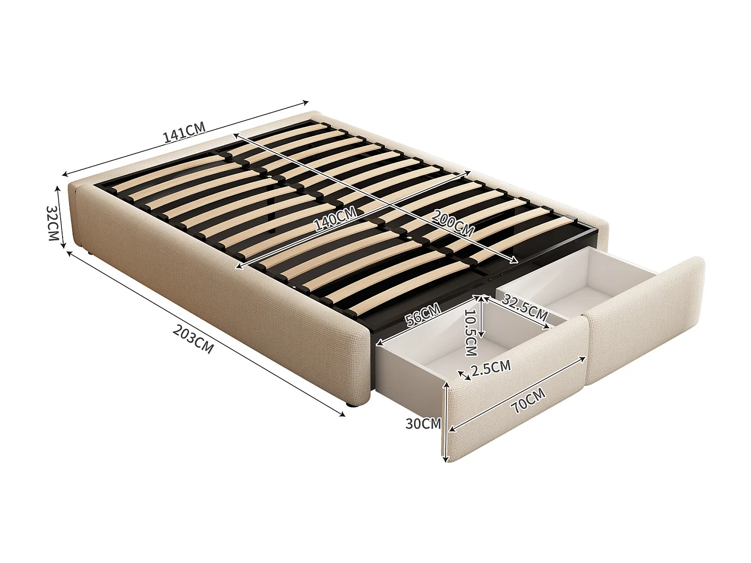 Lit coffre 140x200cm en tissu lin avec 2 tiroirs - sommier à lattes - sans tête de lit - Beige