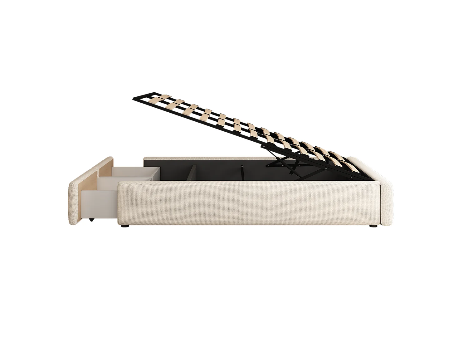 Lit coffre 140x200cm en tissu lin avec 2 tiroirs - sommier à lattes - sans tête de lit - Beige