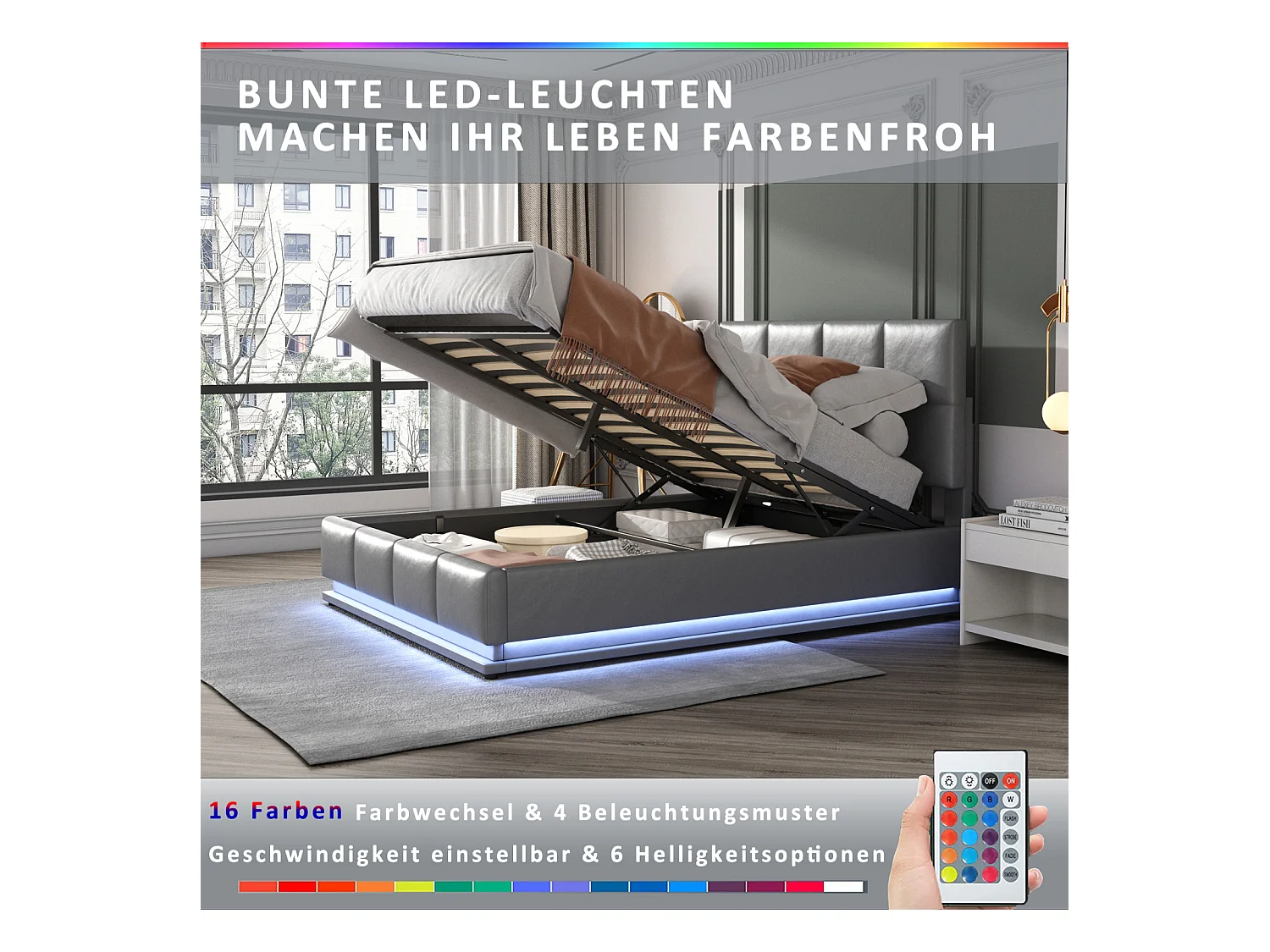 Letto contenitore 140x200 cm - Letto matrimoniale imbottito LED regolabile idraulicamente con rete a doghe - Grigio