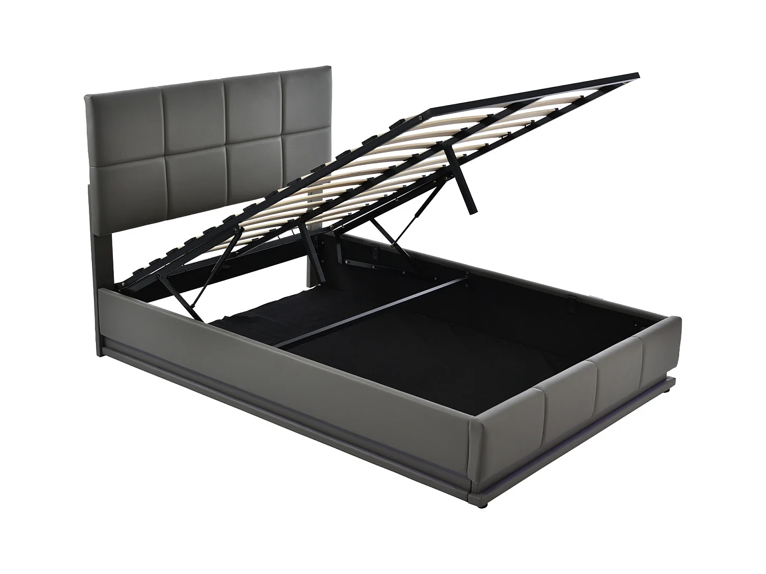 Letto contenitore 140x200 cm - Letto matrimoniale imbottito LED regolabile idraulicamente con rete a doghe - Grigio