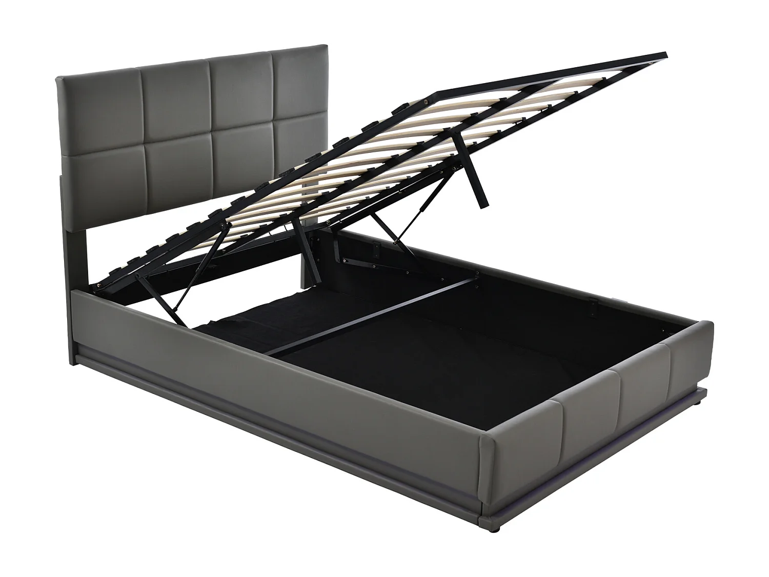 Opbergbed 140x200 cm - Hydraulisch verstelbaar gecapitonneerd LED tweepersoonsbed met lattenbodem - Grijs