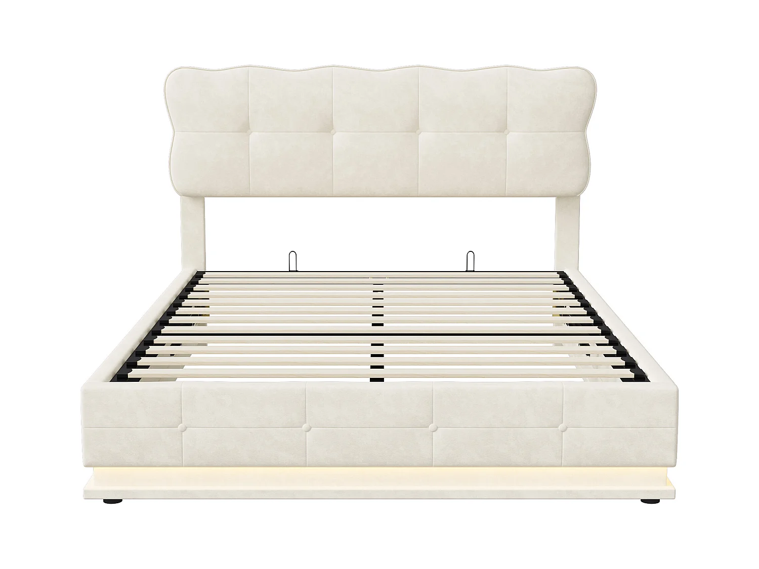 Letto contenitore 160x200cm con contenitore, tessuto in velluto, giroletto con testiera, illuminazione a LED, rete a doghe, letto idraulico multifunzione, Beige