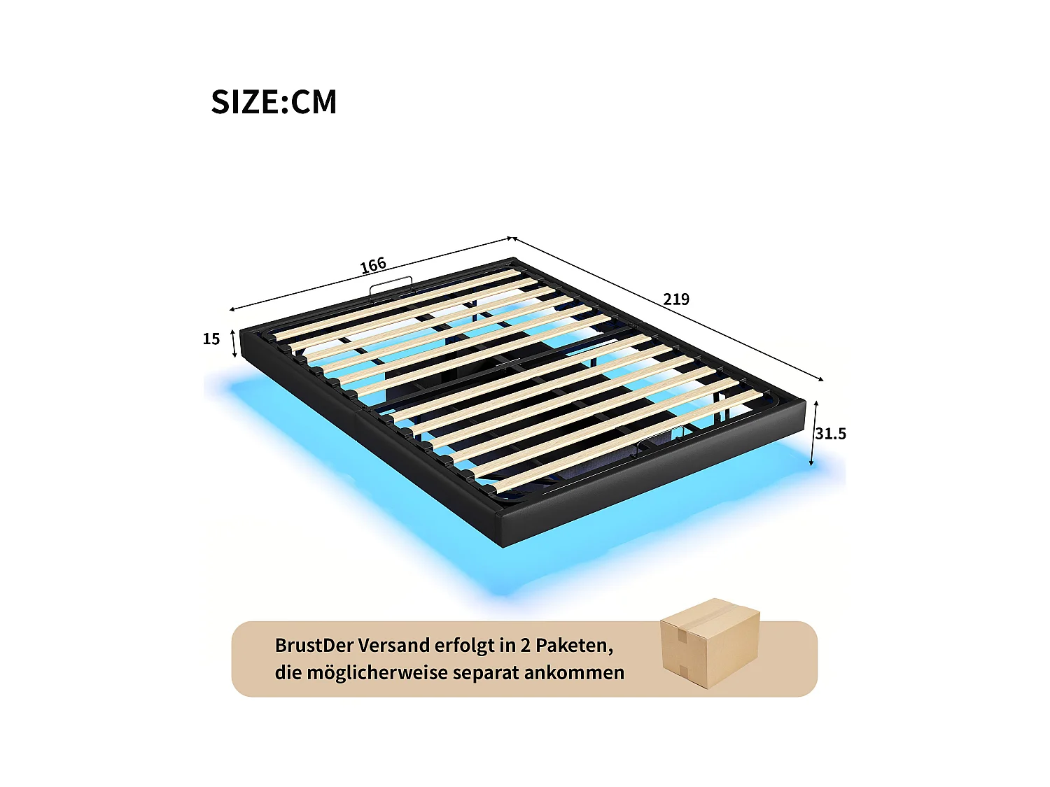 Doppelbett mit Stauraum 160 x 200 mit Untergestell, LED-Lichtleiste unter dem Bett, Ohne Kopfteil, PU, Schwarz