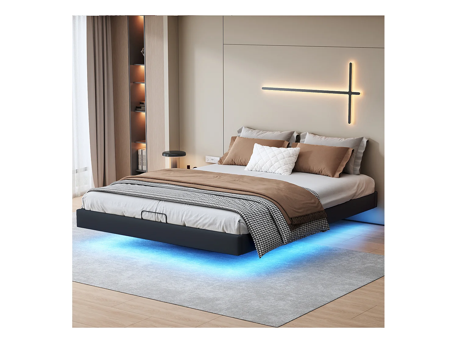Cama doble con canapé 160x200 con base, tira de luz LED debajo de la cama, sin cabecero, PU, color negro