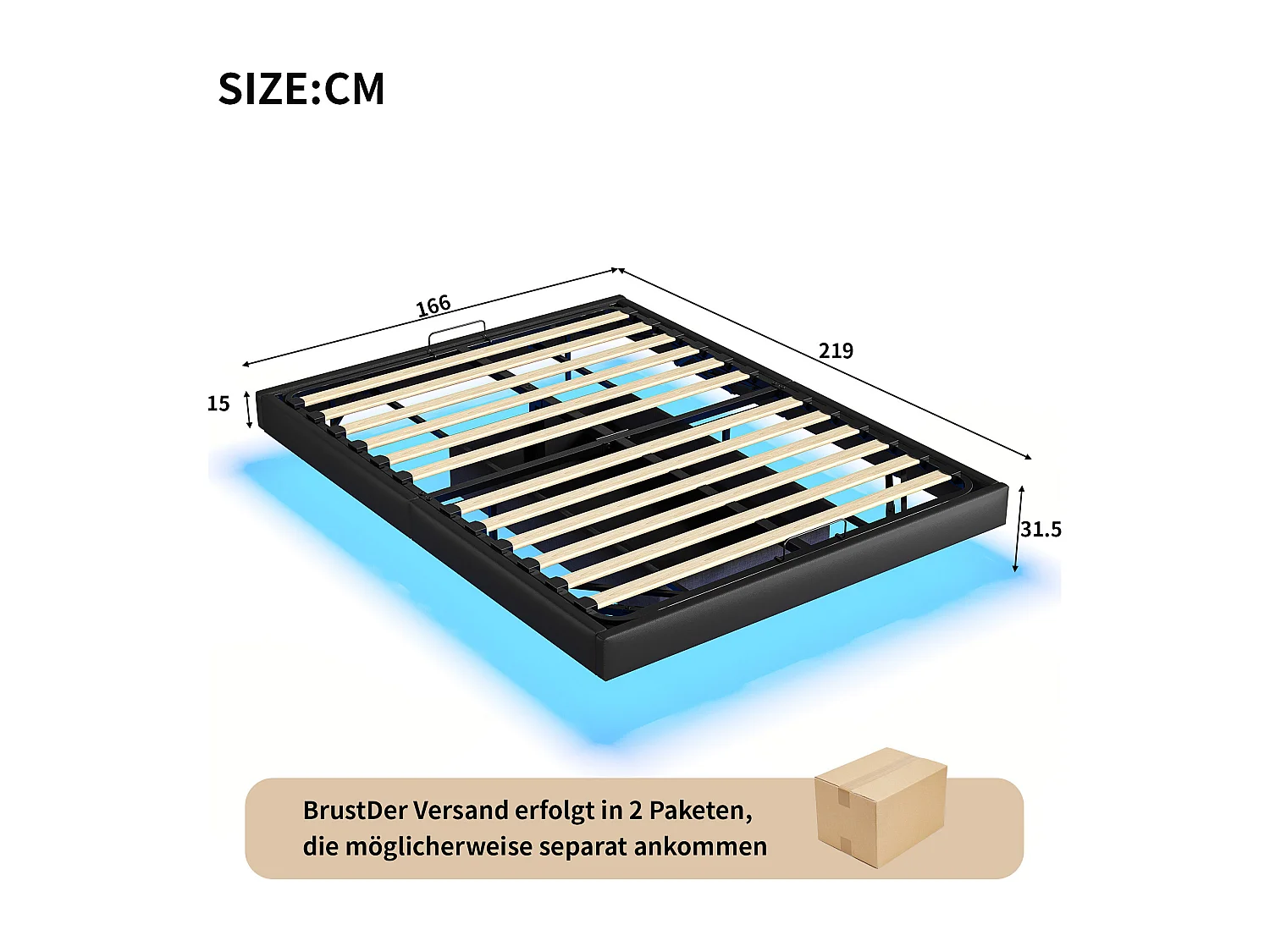 Cama doble con canapé 160x200 con base, tira de luz LED debajo de la cama, sin cabecero, PU, color negro