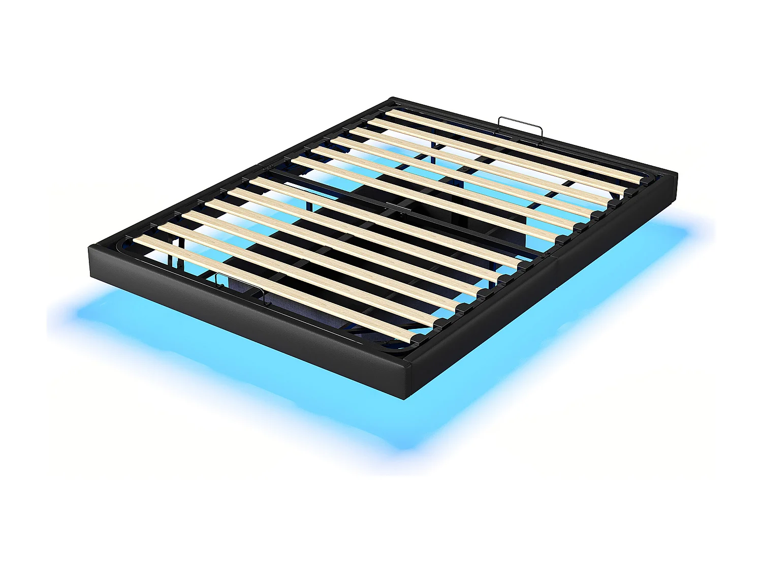 Cama doble con canapé 160x200 con base, tira de luz LED debajo de la cama, sin cabecero, PU, color negro