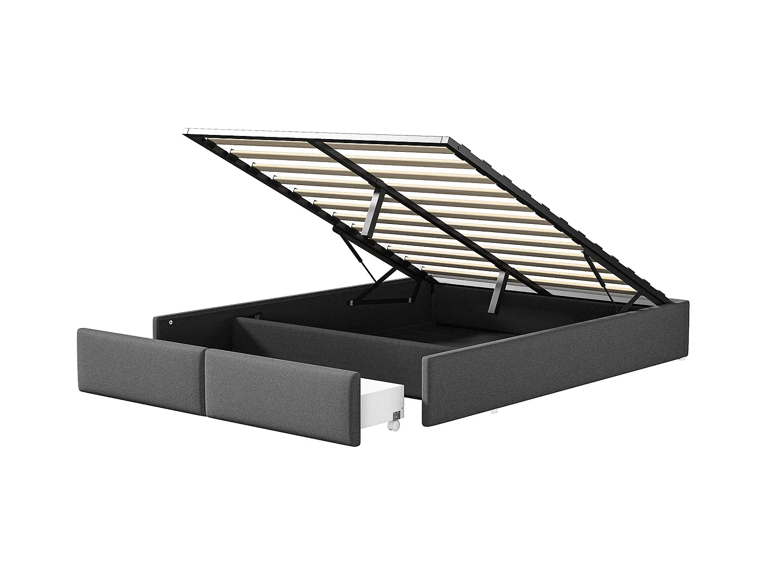 Cama de armazenamento em tecido de linho 140x200cm com 2 gavetas - base de ripas - sem cabeceira - Cinza