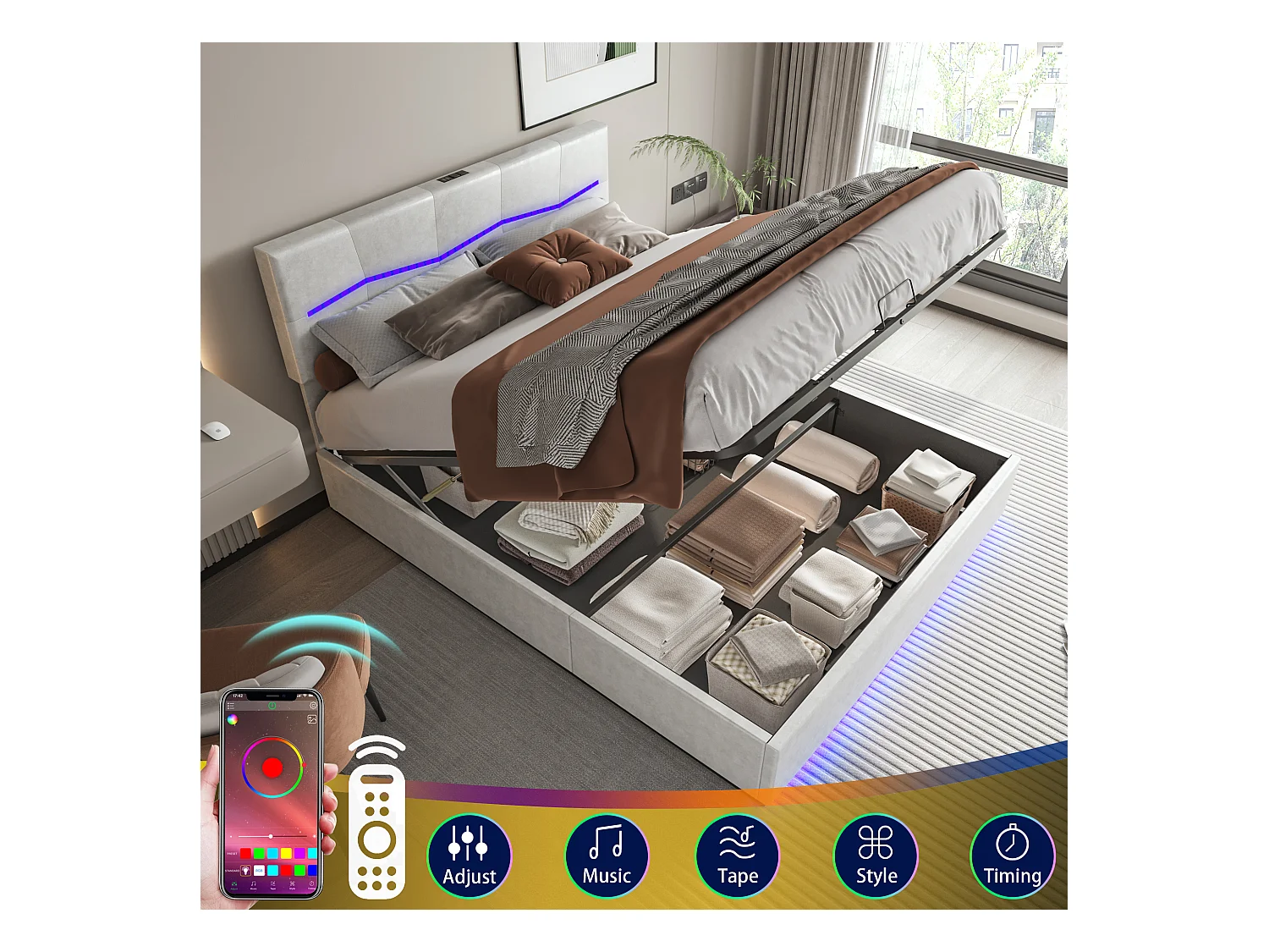 Lit double rembourré 180x200cm avec coffre de lit