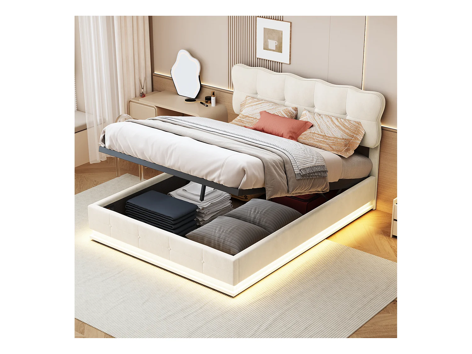 Lit coffre 140x200cm avec rangements, tissu velours, cadre de lit avec tête de lit, éclairage LED, sommier à lattes, lit hydraulique multifonction,Beige