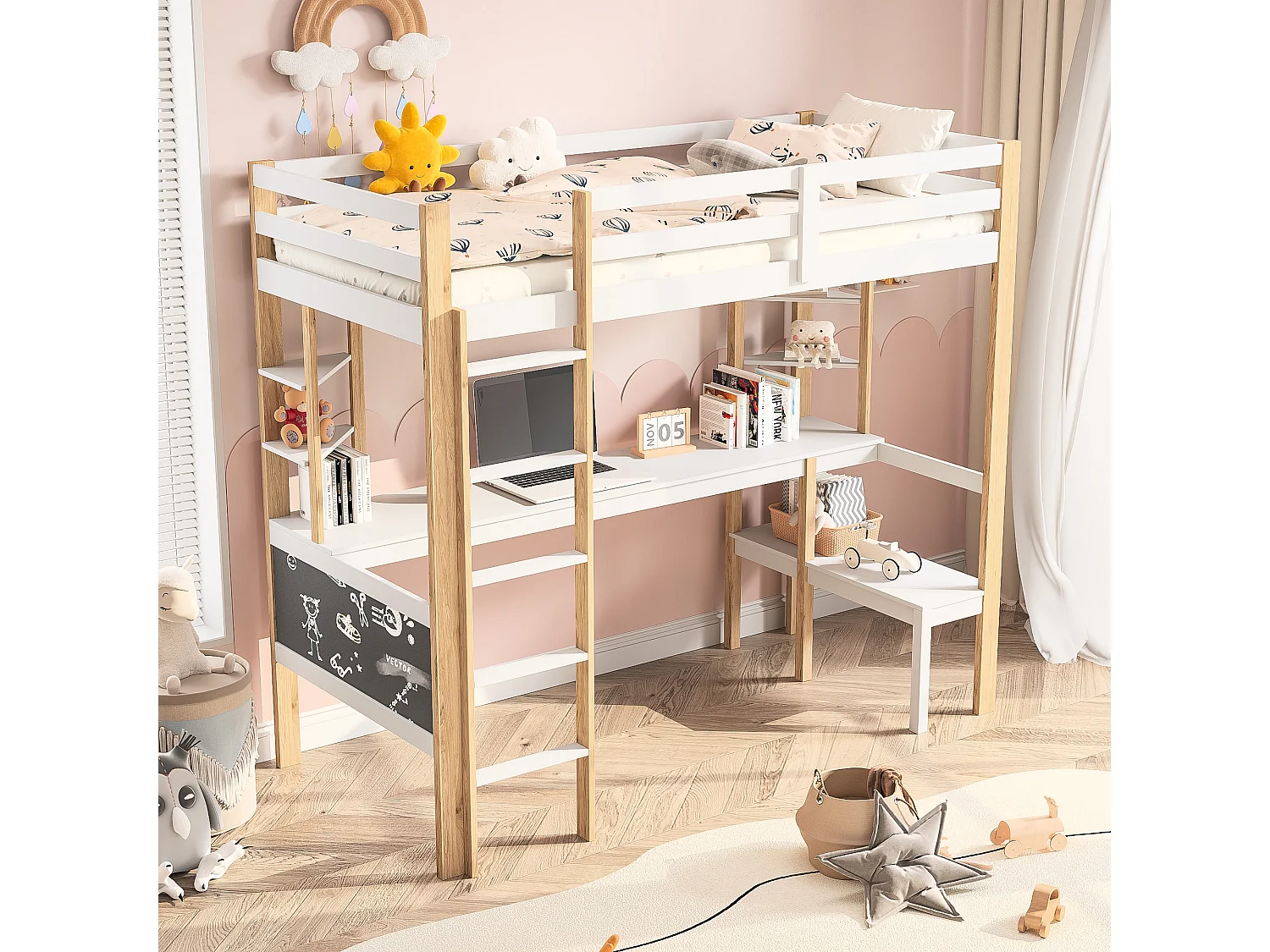 Lit mezzanine 90x200 cm, lit enfant avec bureau et étagères de rangement, échelles, sommier à lattes – Bois + MDF, Blanc + Naturel