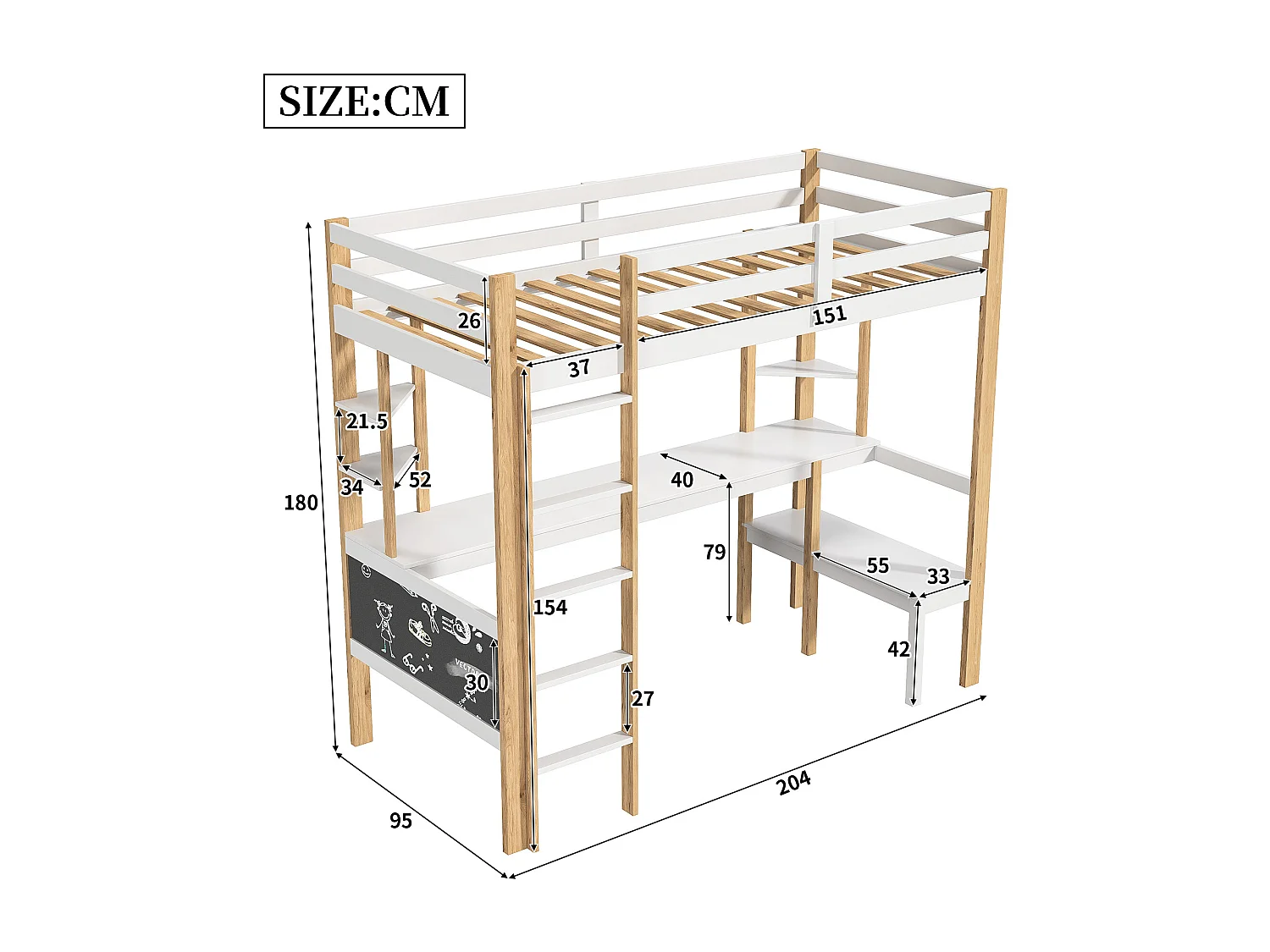 Lit mezzanine 90x200 cm, lit enfant avec bureau et étagères de rangement, échelles, sommier à lattes – Bois + MDF, Blanc + Naturel