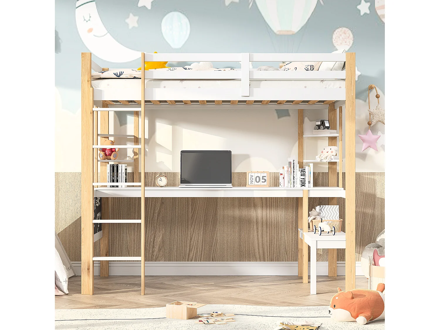 Lit mezzanine 90x200 cm, lit enfant avec bureau et étagères de rangement, échelles, sommier à lattes – Bois + MDF, Blanc + Naturel
